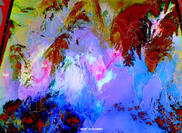 Your case: Dust outbreaks over the Sahara, the Arabian desert and the Gobi desert in March 2021.